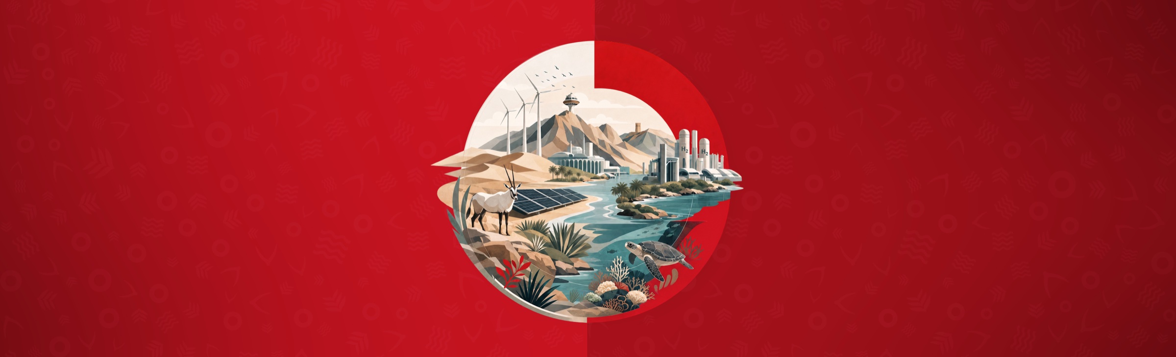 Oman Climate Week artwork — Oman&rsquo;s landscapes, wildlife and clean-energy future in a circular emblem on the OCW red pattern