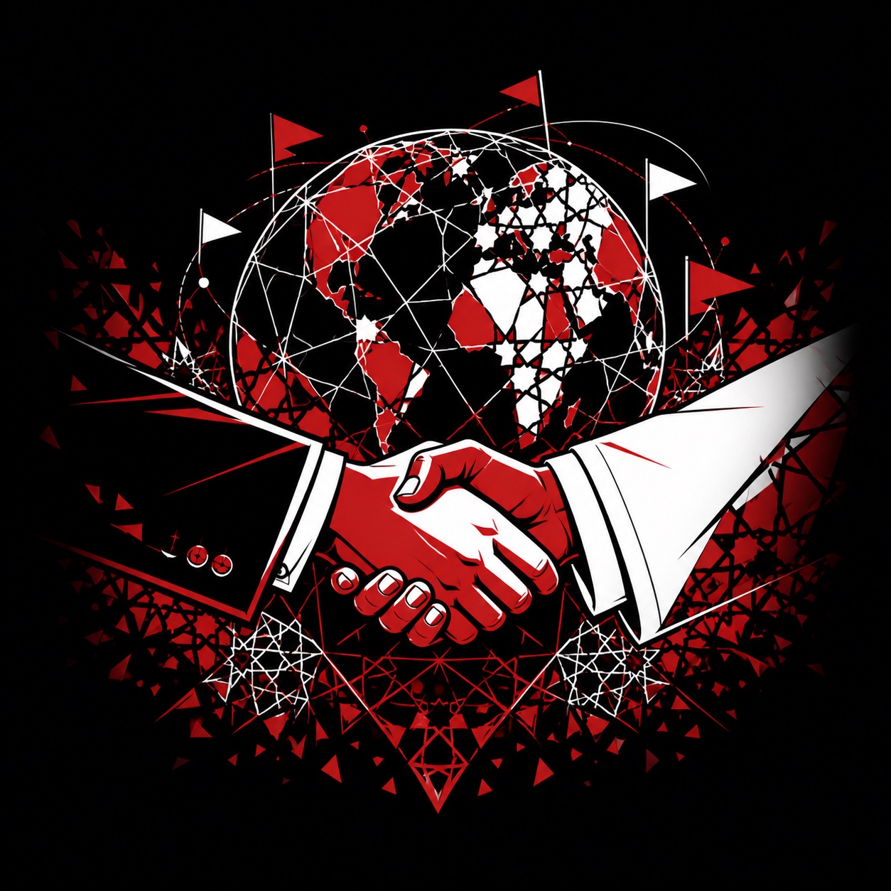 Illustration of a handshake between an Omani and an international delegate in front of a geometric globe
