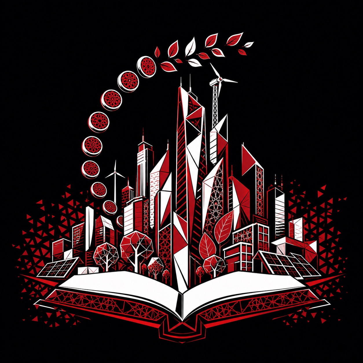 Illustration of a geometric city skyline rising from an open ledger with coins turning into leaves