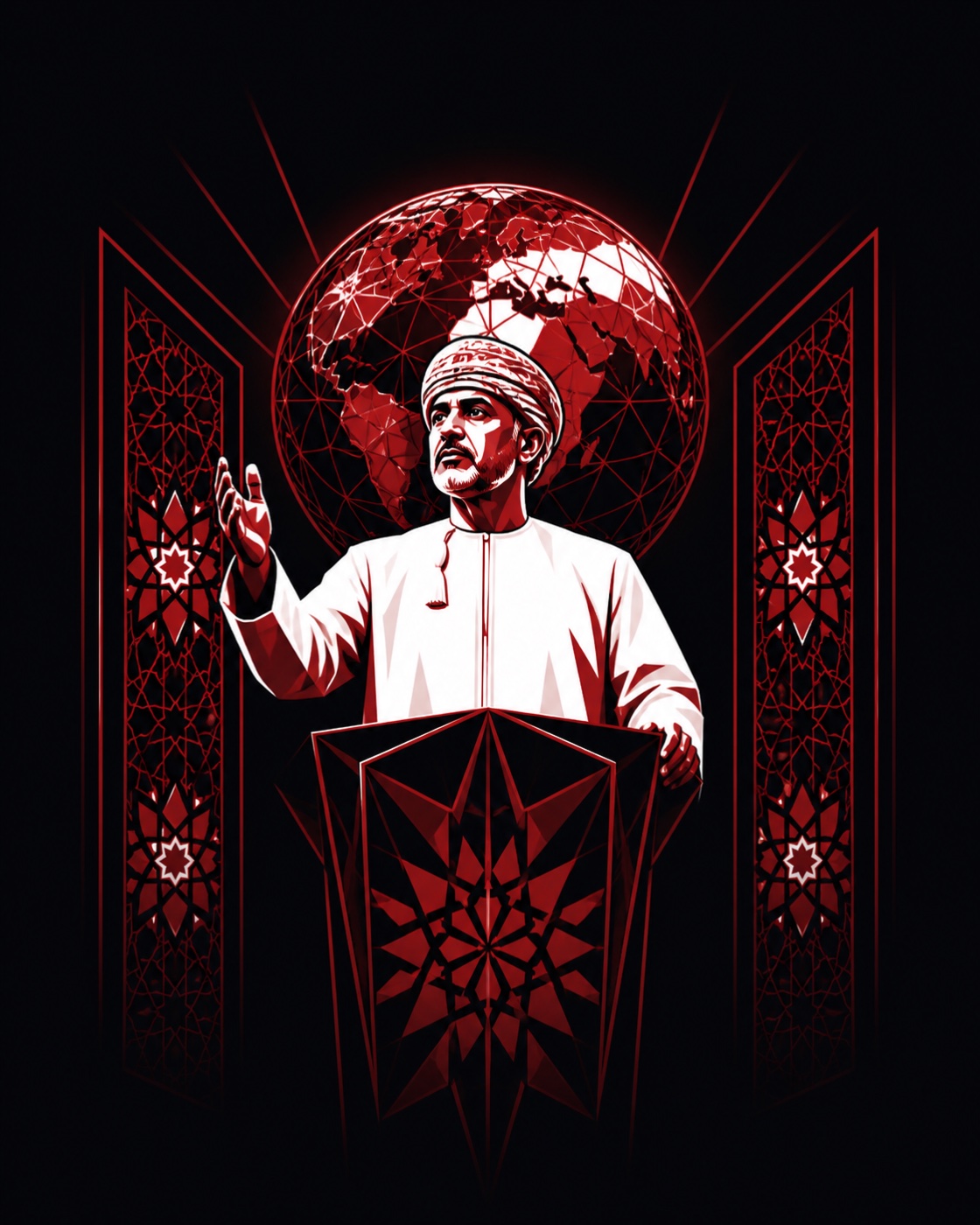 Illustration of an Omani statesman addressing the summit from a geometric lectern beneath a glowing red globe